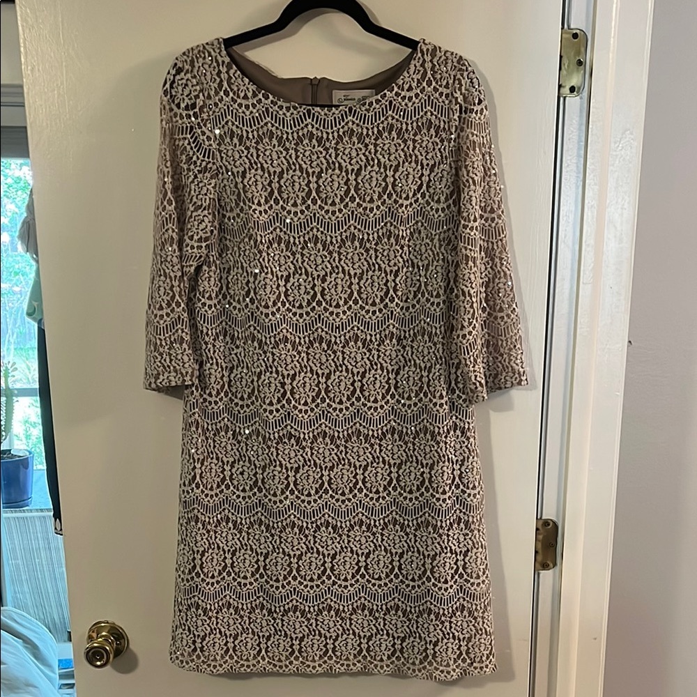 Jessica H. Elegant Lace Dress in Cream and Tan